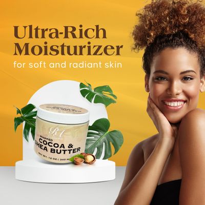 RA COSMETICS Whipped Cocoa &amp; Shea Butter, Unscented - 12oz | 100% Pure &amp; Natural Skin Moisturizer with Coconut Oil | Vitamin-Rich Body Butter for Soft, Supple, and Radiant Skin &amp; Healthy Hairs