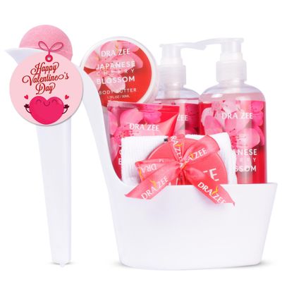 Valentine&#39;s Day Gifts for Women - 8 Pcs Luxury Cherry Blossom Scented Heel Shoe Bath and Body Spa Basket - Shower Gel, Bubble Bath, Body Butter, Lotion &amp; More -Gift for Her, Wife, Friends by Draizee