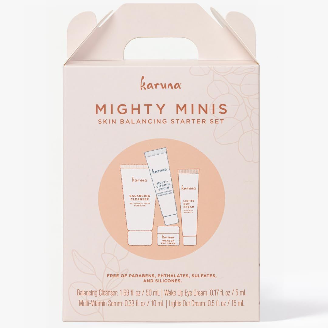 Karuna Mighty Minis, Skin Balancing Starter Set | Includes: Balancing Cleanser 1.69oz/50ml, Wake Up Eye Cream 0.17oz/5ml, Multi-Vitamin Serum 0.33oz/10ml &amp; Lights Out Cream 0.5oz/15ml