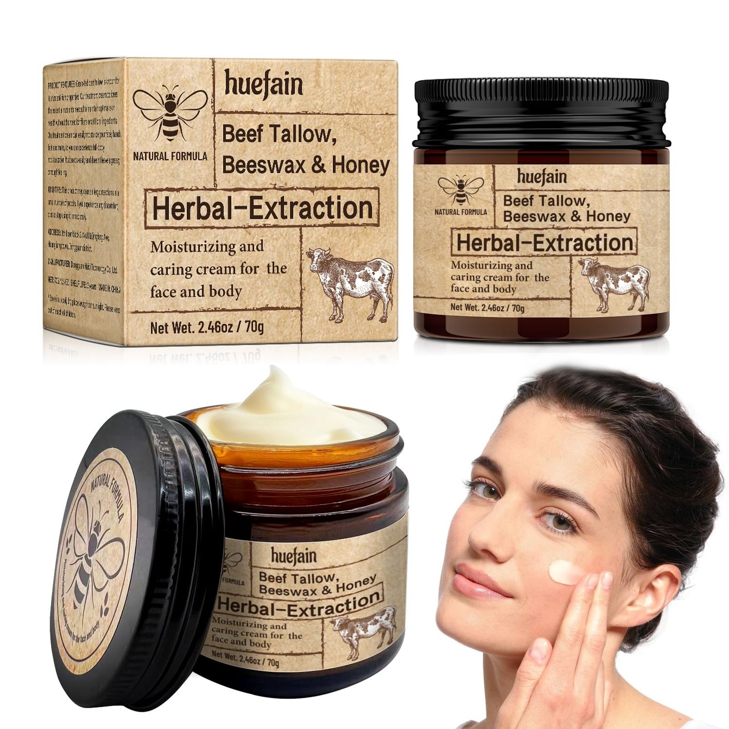 huefain Whipped Beef Tallow for Skin Moisturizer | Beeswax and Honey Natural | 100% Grass Fed | Tallow for Face and Body, Handmade (5 fl. oz, 2 Pack)