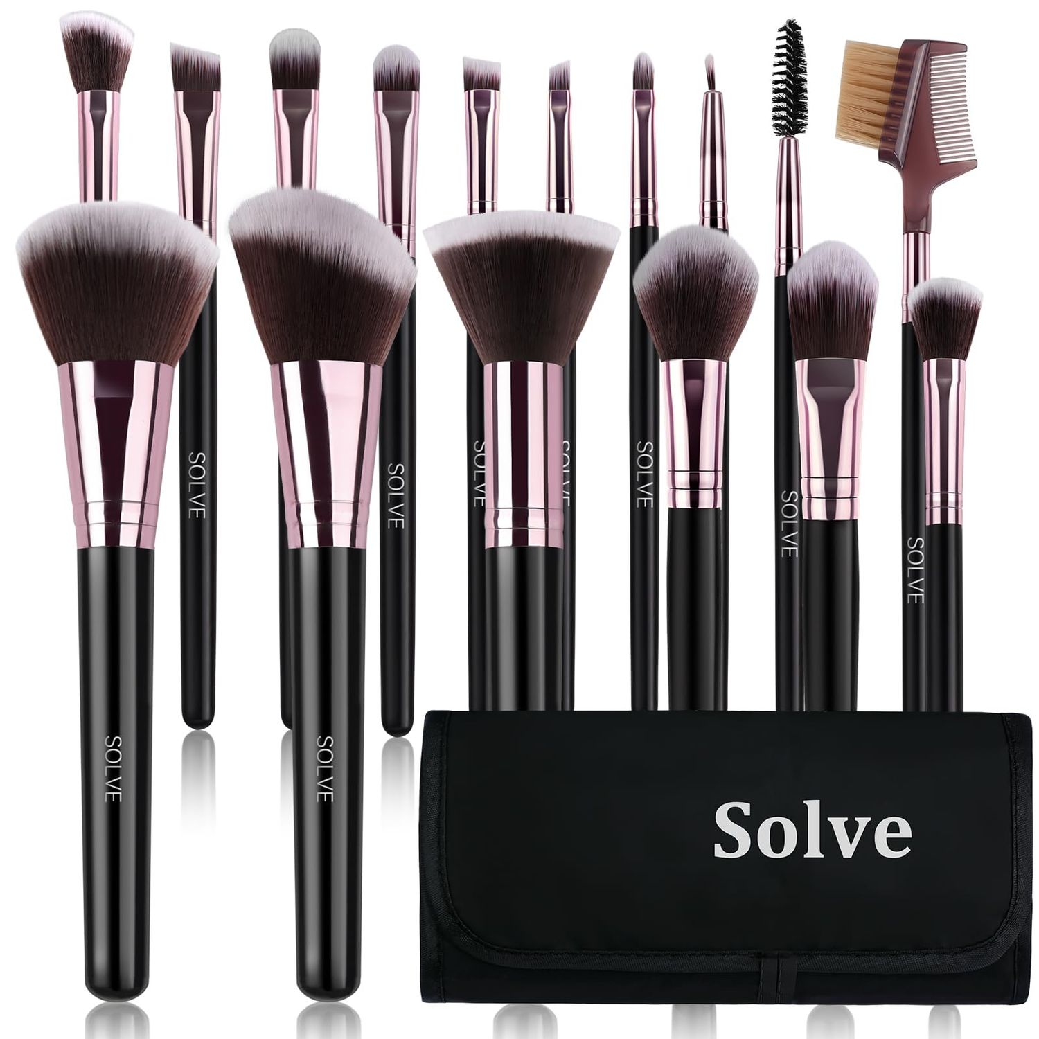 Makeup Brushes, SOLVE 16Pcs Makeup Brush Set, Premium Synthetic Fiber Make up Brushes for Foundation Powder Concealers Eyeshadow Eyeliner, Professional Brush Set Make up with Black CaseBlack&amp;Pink