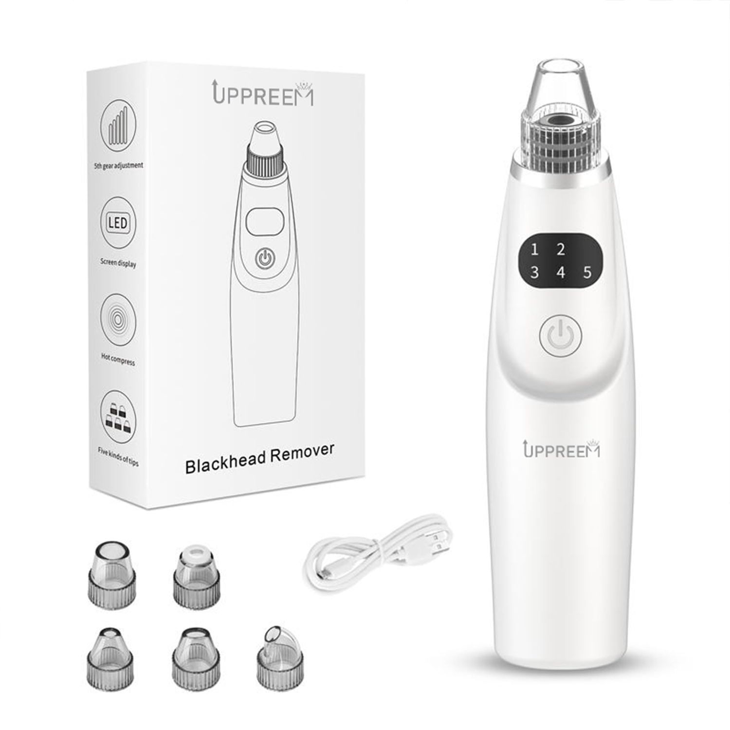 UPPREEM Blackhead Remover,Pore Vacuum, with LED Display, 5 Suction Levels, Wireless Operation, USB Charging.