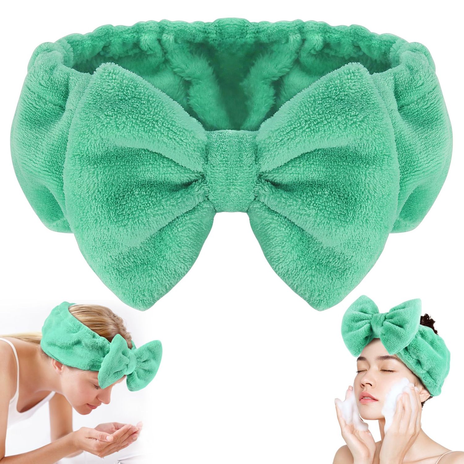 Shintop Face Wash Headband, Soft Makeup Headband with Cute Bow Elastic Spa Headband for Skincare Facial Mask Showers (Pea Green)