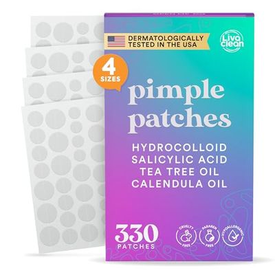 LivaClean 330 CT Pimple Patches for Face w/Salicylic Acid, Tea Tree Oil &amp; Calendula Oil - Four Sizes - Pimple Patch, Hydrocolloid Patch, Acne Patches for Face, Blemish Patches, Acne Patch, Zit Patches