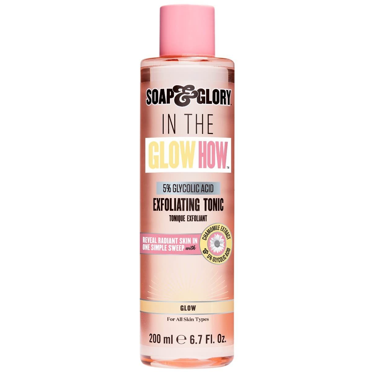 Soap &amp; Glory in The Glow How Vitamin C 5% Glycolic Acid Exfoliating Tonic - Gentle Glycolic Acid Toner + Chamomile Extract - Pore Exfoliating Toner + Glow Tonic for Brighter, Healthier Skin (200ml)