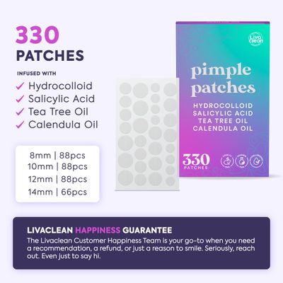 LivaClean 330 CT Pimple Patches for Face w/Salicylic Acid, Tea Tree Oil & Calendula Oil - Four Sizes - Pimple Patch, Hydrocolloid Patch, Acne Patches for Face, Blemish Patches, Acne Patch, Zit Patches