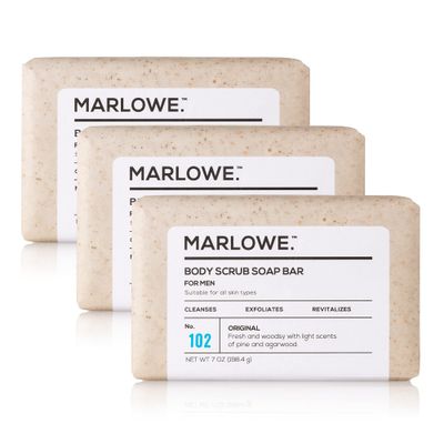 MARLOWE. No. 102 Men&#39;s Body Scrub Soap 7 oz (3 Bars) Fresh Original Woodsy Scent, Exfoliating Bar for Men with Natural Ingredients, Apricot Seed Powder, Shea Butter, Olive Oil, Green Tea Extracts