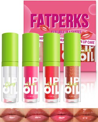 Lip Oil Lip Gloss-4Pcs Hydrating Lip Glow Oil Lipgloss, Tinted Plumping lip Gloss,Clear Pink Red Lip Stain Oil, Glossy Finish Tint Shiny Jelly Lip Glaze,Vegan Glow Reviver Lip Oil for Women-Set C