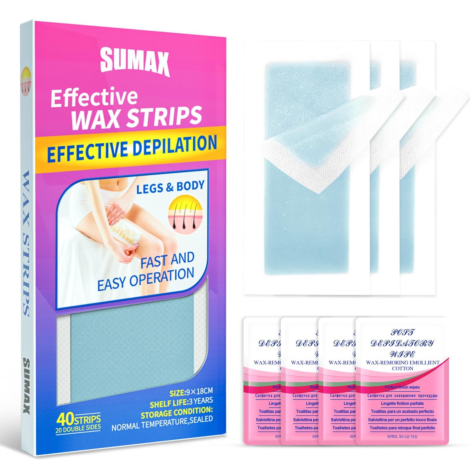 SUMAX Wax Strips Bikini Hair Removal, 40 Face Wax Strips for Women, Waxing Strips Body Hair Removal, 20 Double Sided Bikini Line Wax Strips with 6 Oil Wipes for Women All Skin Types, Blue
