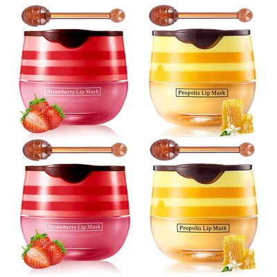 Honey Lip Balm Pot Lip Mask, Hydrating Propolis Lip Sleeping Mask, Prevent Dry&amp;Cracked, Lip Repair Nourishes the Lip Skin (2pcs honey &amp; 2pcs strawberry)