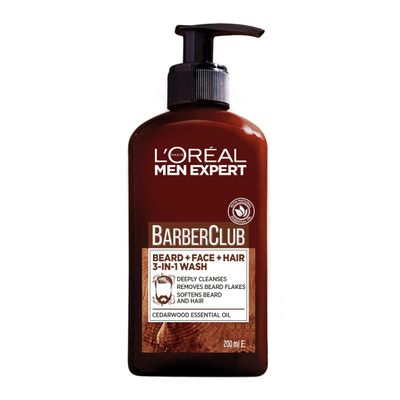 LOral Paris Men Expert Cleansing 3-in-1 Beard, Face &amp; Hair Wash 200ml, Barber Club Wash With Cedarwood Essential Oil, Deeply Cleanses and Removes Beard Flakes