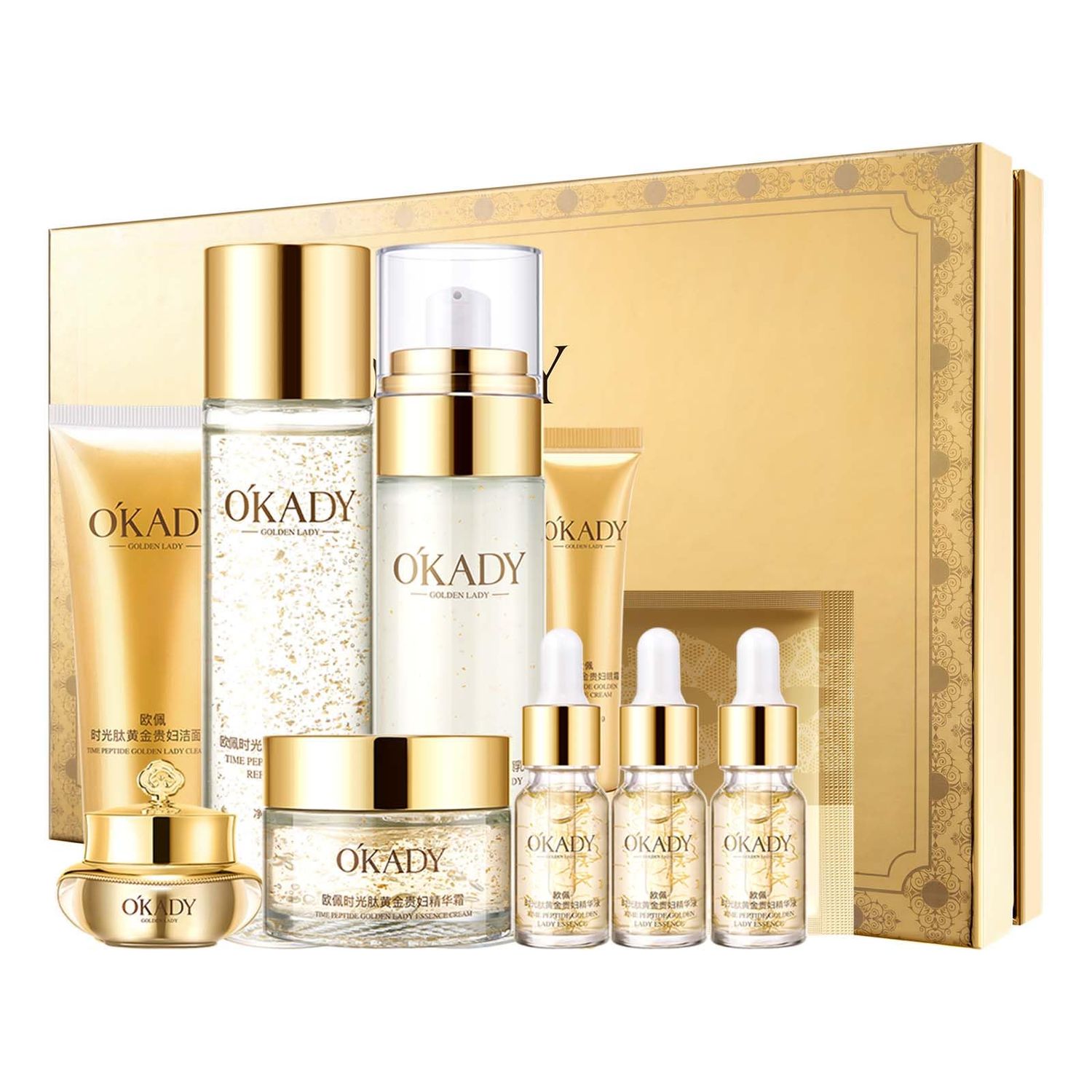 OKADY skincare set Anti Aging Skin 10-piece Daily Care Routine Kit With Vitamin C and Peptides Facial Cleanser Eye Mask Toner Serum Eye Cream Lotion Cream Lady Cream Gifts sets for Valentine&#39;s Day