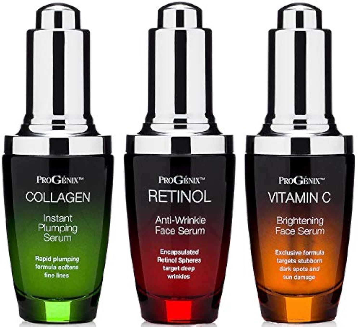 Progenix Professional Skin Care Set. Anti-aging Serum Set Contains Collagen Serum, Retinol Serum, Vitamin C Serum. Helps W/Appearance Of Wrinkles, Plump Skin, &amp; Brighten Skin, 1 Fl Oz (3-Pack)
