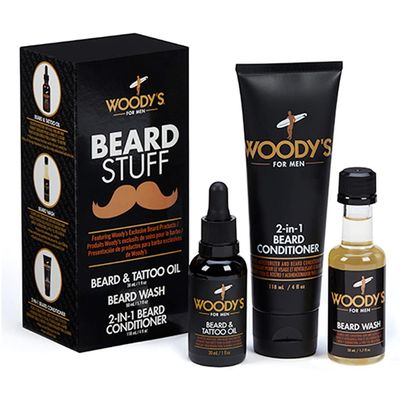 Woody&#39;s Beard Stuff 3 Piece Kit, Beard &amp; Tattoo Oil, Wash, 2 in 1 Facial Hair Conditioner, Cleanse, Moisturize, and Style