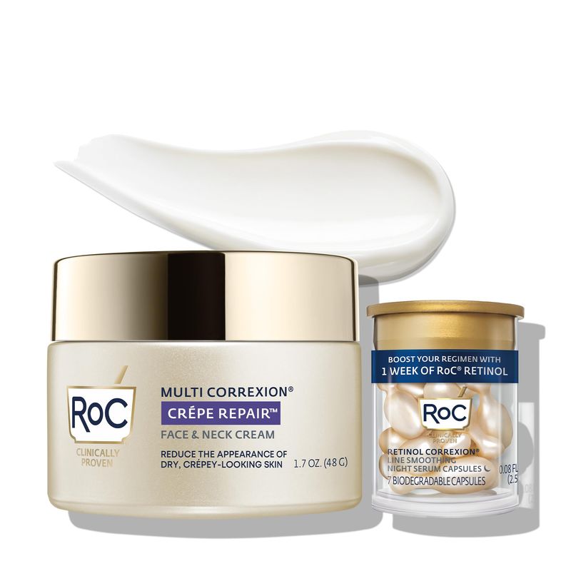 RoC Crepe Repair Anti Aging Daily Face Moisturizer &amp; Neck Firming Cream (1.7 oz) + RoC Retinol Wrinkle Smoothing Capsules (7 CT), Skin Care Set, Stocking Stuffer for Men &amp; Women