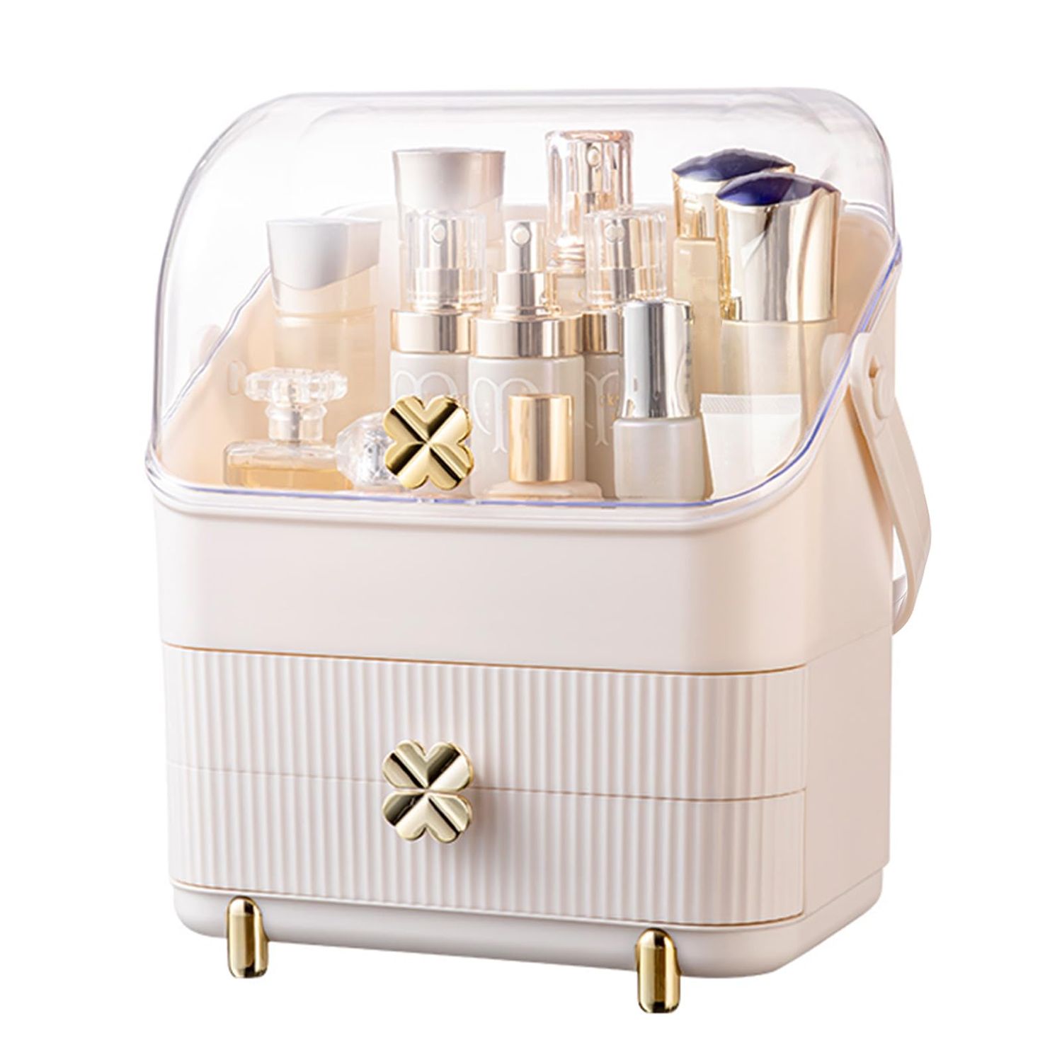 Preppy Skincare Organizers Makeup Organizer Holder Cosmetic Storage Box Display Case 3 Tiers Dust Free Cover Portable Handle 2 Rroomy Drawers Gift Great For Bathroom Countertop Dresser Ivory White