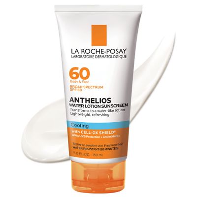 La Roche-Posay Anthelios Cooling Water Sunscreen Lotion | Water Based Sunscreen for Face &amp; Body | Broad Spectrum SPF + Antioxidants | Fast Absorbing Water-Like Texture | Oil Free Sunscreen SPF 60