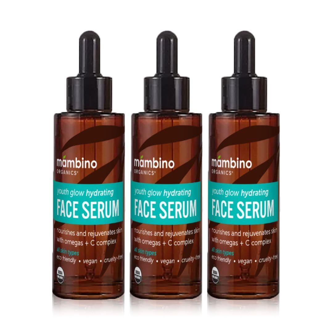 Youth Glow Hydrating Serum - Organic, Face Serum with Namibian Marula - Nourishing Omegas &amp; Vitamin C for Dryness, Dark Spots, Dullness - Cruelty-Free Skin Care by Mambino Organics, 3-Pack 1 fl oz