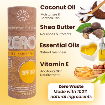 ZERO Waste 100% Plastic Free Natural Sunscreen Stick, SPF 20 Reef Safe and Kid Friendly, Water Resistant, Push Up Cardboard Tube, Sunblock Made From Beeswax, Shea Butter and Coconut Oil, 1.5 Oz