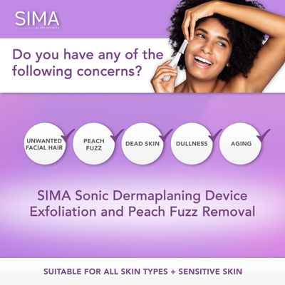 SPA SCIENCES - SIMA Dermaplaning Tool - Patented Painless 2 in 1 Facial Exfoliation &amp; Peach Fuzz-Hair Removal System w/ 7 Weeks Treatment Included - Anti-Aging - 3 Speeds - Rechargeable