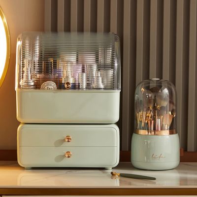 LtyTz Large Makeup Organizer with Brush Holder, Makeup and Skincare Organizer for Vanity, Cosmetics Skincare Organizers with Lid and Drawers for Countertop, Bathroom, Dresser, Ideal Gifts for Women