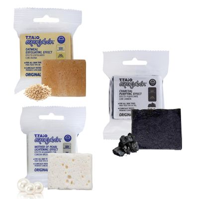 T.Taio Esponjabon Variety Pack Mini Travel Size Soap Sponges - Includes Mother of Pearl, Oatmeal, and Charcoal - Catering to Different Skincare Needs &amp; Preferences, Ideal for On-The Go Cleanse