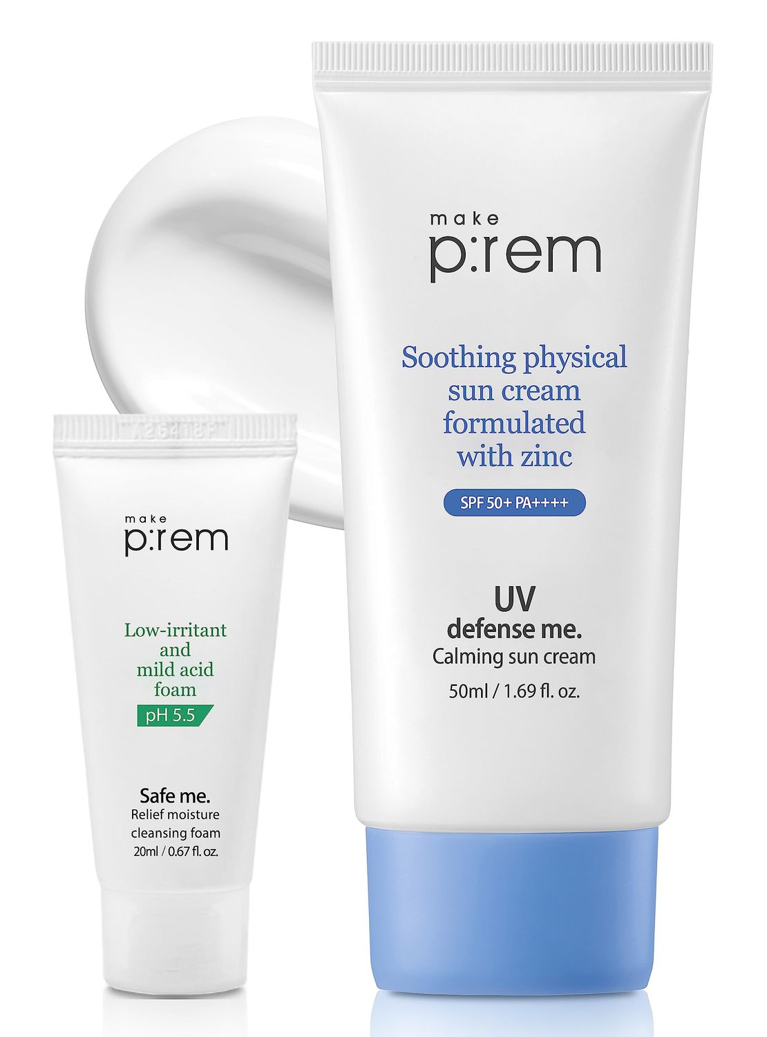 MAKEPREM UVA UVB Defense Me Calming Sun Cream VEGAN Sunblock SPF 50+ PA++++ 1.69 Fl Oz Reef-Safe Non-Nano Mineral Sunscreen Broad UV Protection Blue Ray Dry Sensitive Acne-Prone Oily Skin No Chemical