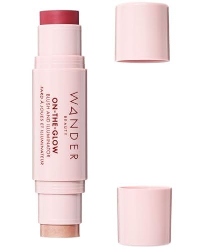 Wander Beauty On-the-Glow Blush and Illuminator - Strawberry Fields/Nude Glow - 7-in-1 Hydrating Cream Blush &amp; Highlighting Stick - Stick Blush for Cheeks, Lip, &amp; Body- Highlighter &amp; Blush - 0.4 oz