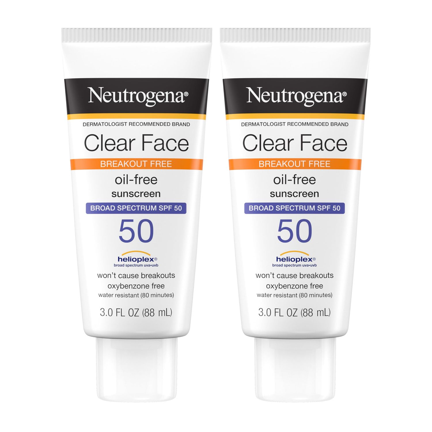 Neutrogena Clear Face Sunscreen Lotion for Acne-Prone Skin, Broad Spectrum SPF 50 Facial Sunscreen for Oily Skin, Oil-, Fragrance- &amp; Oxybenzone-Free Water Resistant Sunscreen, Twin Pack, 2 x 3 fl. oz
