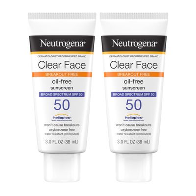 Neutrogena Clear Face Sunscreen Lotion for Acne-Prone Skin, Broad Spectrum SPF 50 Facial Sunscreen for Oily Skin, Oil-, Fragrance- &amp; Oxybenzone-Free Water Resistant Sunscreen, Twin Pack, 2 x 3 fl. oz