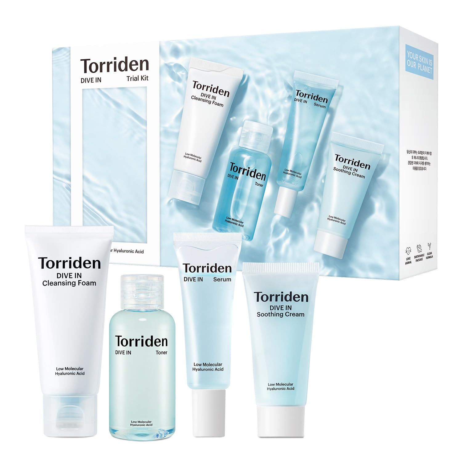 Torriden DIVE IN Trial Kit | Hyaluronic Acid Infused Daily Skincare Kit - 4 Step Regimen with Foam Cleanser, Facial Toner, Serum, and Cream | Korean Skin Care Set