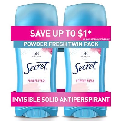 Secret Antiperspirant and Deodorant for Women, 24hr Sweat &amp; Odor Protection, PH Balanced Protection, Gentle on Skin, Invisible Solid, Powder Fresh Scent, 2.6 oz (Pack of 2)