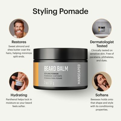 MANSCAPED Beard Balm, Styling Pomade with Shea Butter, Coconut Oil &amp; Beeswax - Moisturizes, Softens, Strengthens &amp; Shines Beards, Mustaches &amp; Facial Hair, for Sensitive Skin, (2 oz) 2-Pack