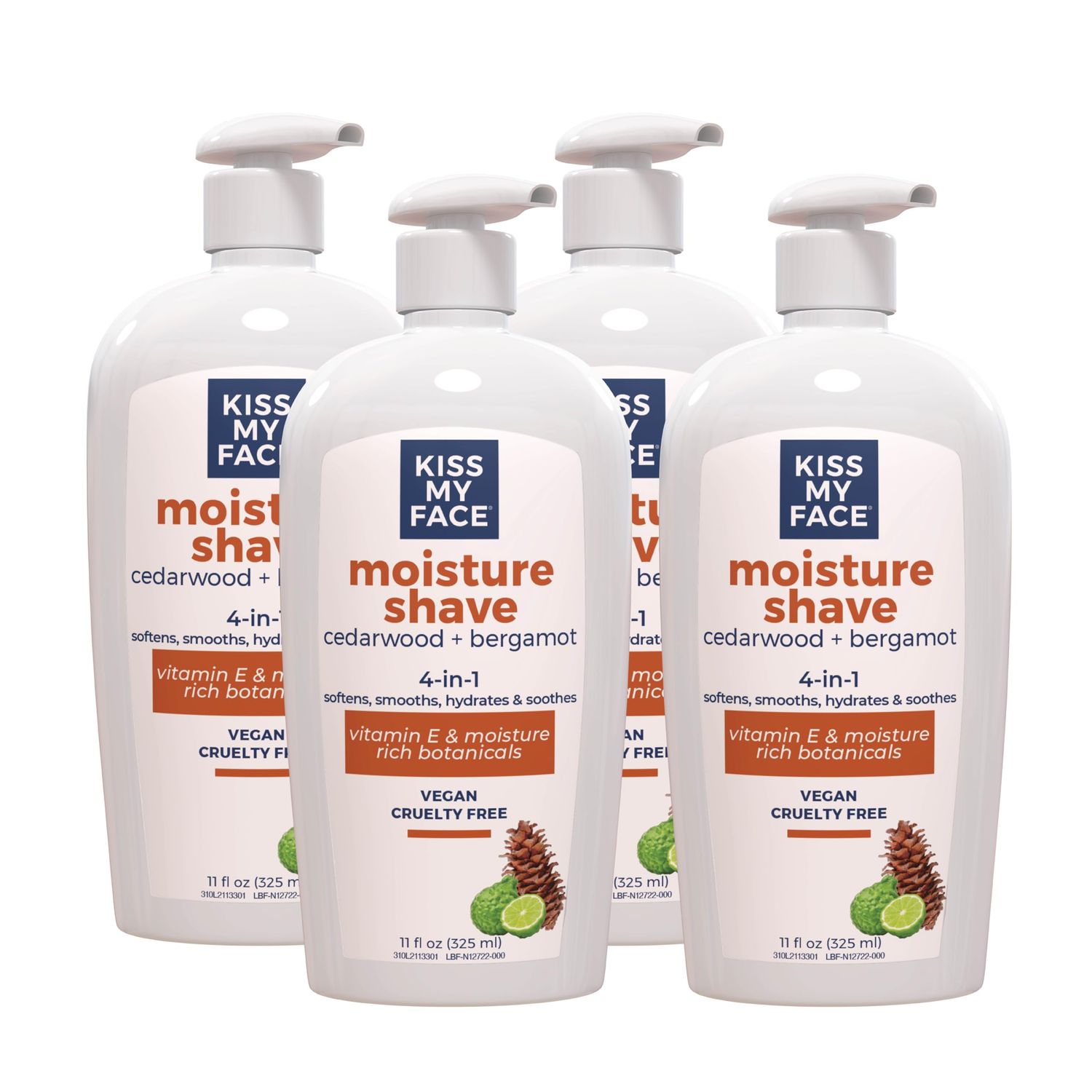 Kiss My Face Fragrance Free Moisture Shave, Cedarwood and Bergamot, 4 In 1 Shaving Cream, Cruelty Free And Vegan, With Added Olive Oil And Aloe Leaf Extract, Vitamin E Rich, 11 fl Oz, 4 Pack