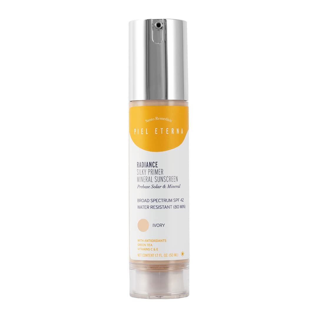 Santo Remedio, Piel Eterna, RADIANCE Silky Primer Mineral Sunscreen with SPF 42 (1.7 Fl Oz), Tinted Broad Spectrum Protection with Antioxidants and Vitamin C, Ivory Tone