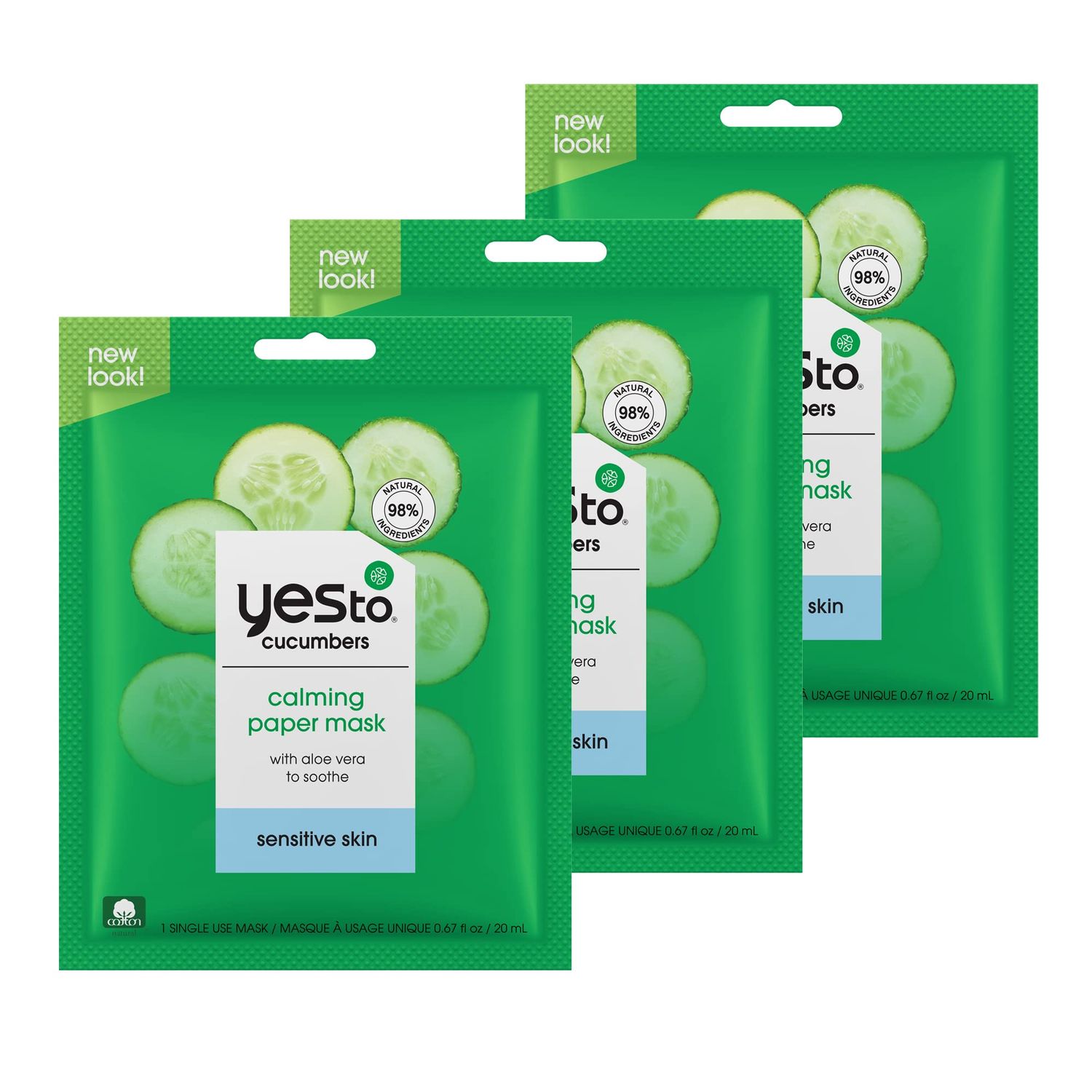 Yes To Cucumber Calming Paper Mask, Soothing Formula To Hydrate, Refresh, &amp; Calm Sensitive Skin, Deep Hydration, With Aloe Vera &amp; Antioxidant, Natural, Vegan &amp; Cruelty Free (Pack of 3)