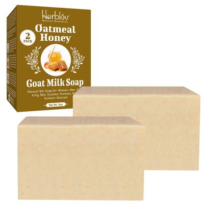 Oatmeal Honey Goat&#39;s Milk Soap Bar 4 oz - Natural Bar Soap for Women, Men, Kids, Itchy Skin, Eczema, Psoriasis, Rash, Sunburn Skincare - Calming Colloidal Oatmeal Face Cleanser &amp; Body Wash (2 Pack)