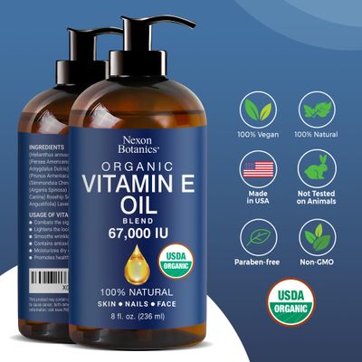 Organic Vitamin E Oil Blend 67000 IU - 8 fl oz - Vitamin E Oil for Skin, Scars, Face - Made from 100% Pure and Natural Oils - Vit E Oil - Aceite de Vitamina E - Nexon Botanics
