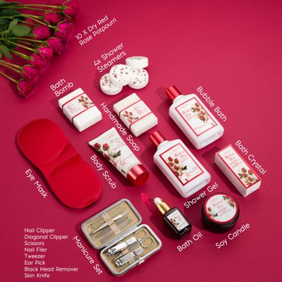 Valentines Day Gifts for Her, Red Rose Spa Gifts for Women, Bath and Body Gift Set, 35 Piece Stress Relief Spa Kit Gift Basket, Birthday, Mom, Nail Care Kit, Body Scrub, Bubble Bath, Bath Bomb.