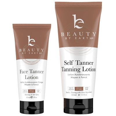 Self Tanner Face &amp; Body - With Organic Aloe Vera &amp; Shea Butter, Sunless Tanning Lotion, Bronzer Buildable Light, Medium or Dark Tan, Fake Tan Self Tanners Best Sellers, 7.5oz (body) 3oz (face)