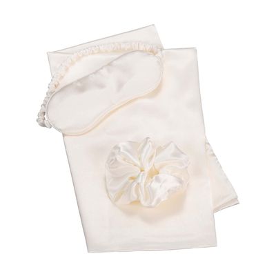 KISMETICS - Vegan Silk Sleep Set, Silky Pillowcase with Large Scrunchie and Eye Mask for Hair and Skin, Self Care Essential Satin Night Routine Kit (Cream Color)
