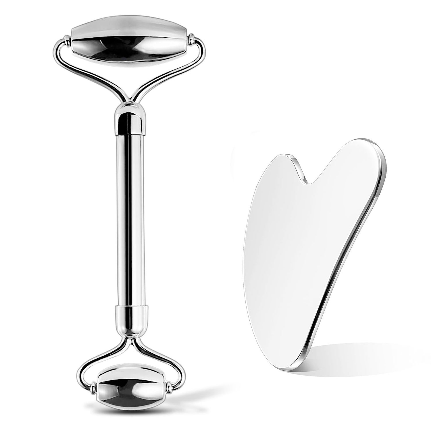 SOLENOBLE Stainless Steel Facial Roller &amp; Gua Sha,Gua Sha Facial Tools Stainless Steel, GuaSha Tool and Face Roller Set - Metal Face Roller, Facial Tension, Sturdy