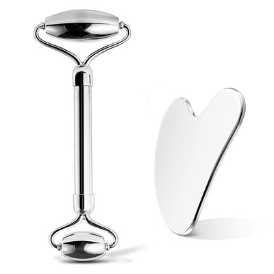 SOLENOBLE Stainless Steel Facial Roller &amp; Gua Sha,Gua Sha Facial Tools Stainless Steel, GuaSha Tool and Face Roller Set - Metal Face Roller, Facial Tension, Sturdy