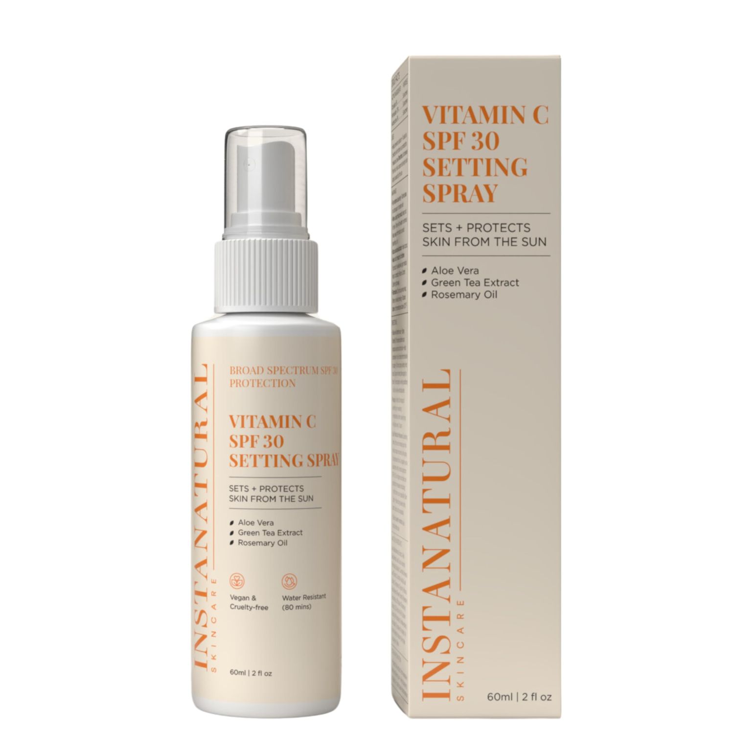 InstaNatural Skin Care Vitamin C SPF 30 Broad Spectrum Sunscreen Make Up Setting Spray, Brightens &amp; Hydrates, UVA, UVB Sun Protection Sunblock, with Aloe Vera &amp; Botanicals, Pump Bottle, 2 Fl Oz