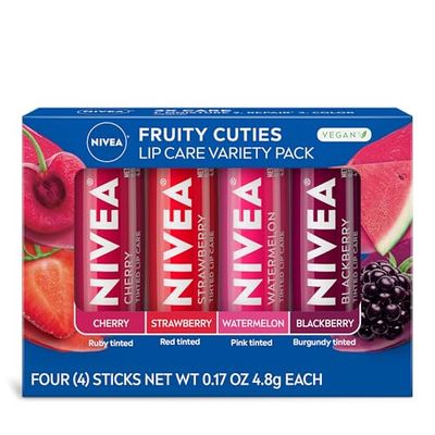 NIVEA Lip Care, Fruity Tinted Lip Balm Variety Pack, Galentine&#39;s Day Gifts for Her, With Cherry, Strawberry, Blackberry and Watermelon Flavors, 0.17 Oz Stick, Pack of 4