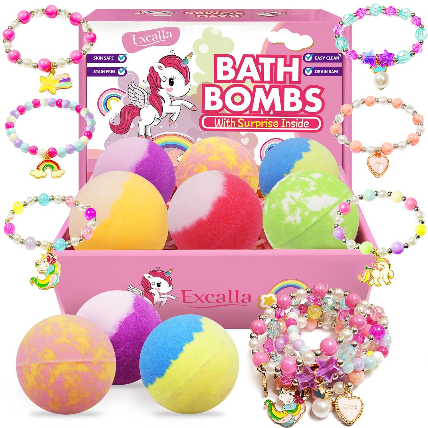Unicorn Bath Bombs with Surprise Inside for Kids Girls, 6 Kids Bath Bombs with Jewelry Inside, Natural Bubble Bath Bombs for Skin Moisturizing, Birthday Christmas Easter Gifts for 4 5 6 7 8 Year Old