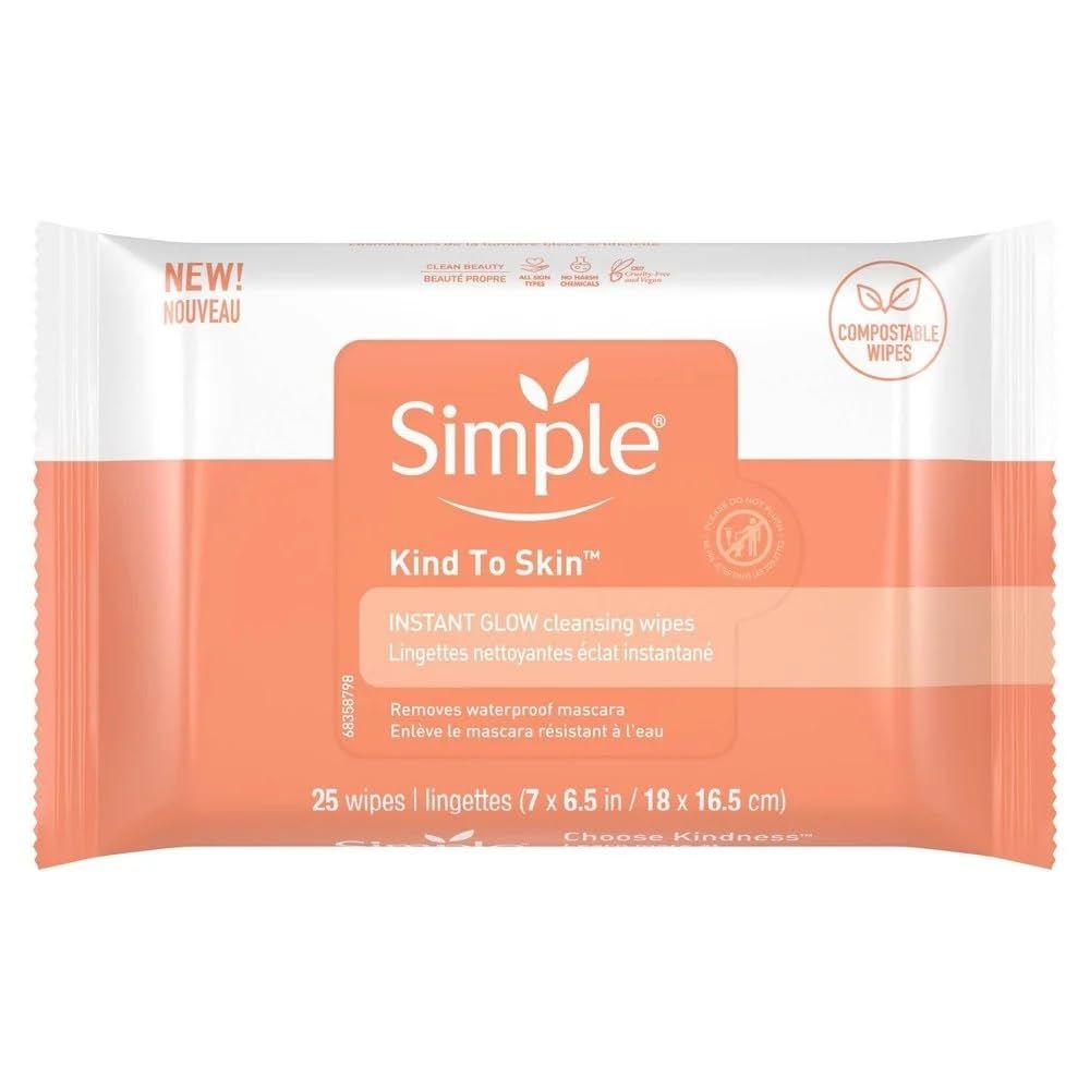 Simple Kind to Skin, Instant Glow, Facial Cleansing Wipes, Face Wipes, Makeup Removal Wipes, Removes Waterproof Mascara, 25 Wipes Count