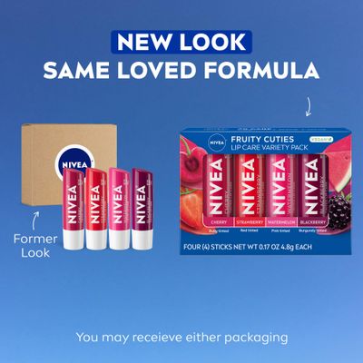 NIVEA Lip Care, Fruity Tinted Lip Balm Variety Pack, Galentine's Day Gifts for Her, With Cherry, Strawberry, Blackberry and Watermelon Flavors, 0.17 Oz Stick, Pack of 4