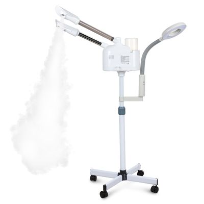 VARIPOWDER 3 in 1 Professional Facial Steamer for Facial Deep Cleaning with 5X Magnifying Lamp on Wheels, Nano Ionic Nozzle Steamer Ozone Mist Face for Esthetician Spa Home Beauty Skin Care(White)