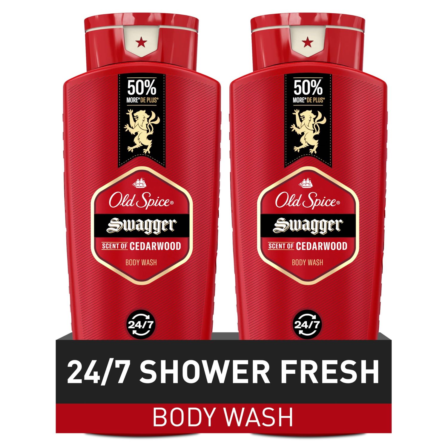 Old Spice Body Wash for Men, 24/7 Shower Fresh with Lasting Scent, Red Collection, Swagger with Cedarwood Scent, 24 fl oz (Pack of 2)